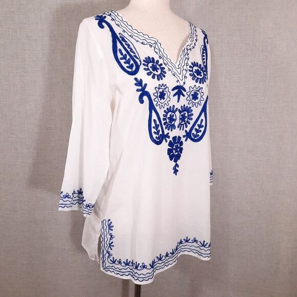 Sita Women's Floral Embroidered Tunic Size Small White 100% Cotton 3/4 Sleeve - Picture 2 of 13